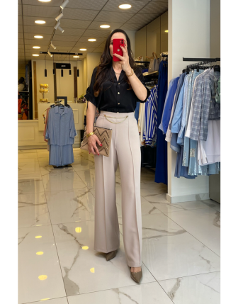 Mi Bej Zincir Detaylı Bol Paça Pantolon