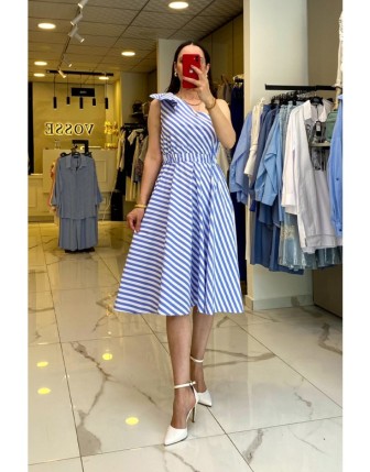 Mi Mavi Çizgili Tek Omuzlu Omuz Detaylı Elbise