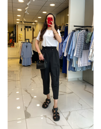 Mi Siyah Zincir Detaylı Beli Lastikli Cepli Pantolon