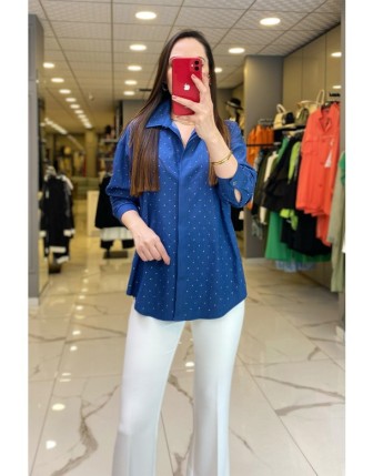 Mi İndigo Taş İşlemeli Kot Gömlek