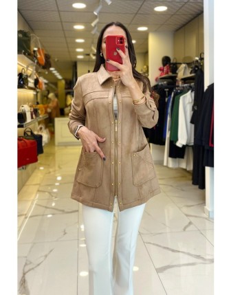 Ekol Kahverengi  Süet Fermuarlı Ve Cep Detaylı Ceket