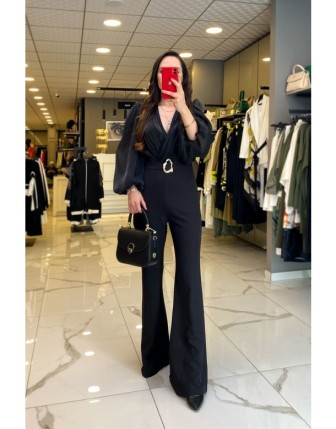 Miarte Siyah V Yaka Kemer Detaylı Üstü Organize Tül Tulum