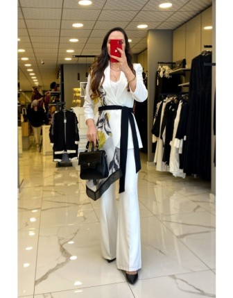 Mianotte Sarı Fular Detaylı Kuşaklı Blazer Ceketli Takım