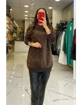 Tığ Triko Kahverengi Taş İşlemeli Tunik
