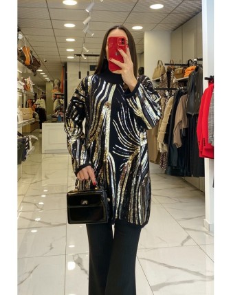 Tığ Triko Siyah Payetli Triko Kazak 