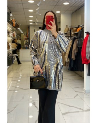 Tığ Triko Gri Payetli Triko Kazak 