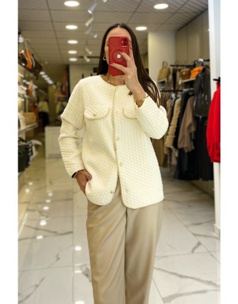 Tığ Triko Ekru Düğmeli Ceket 
