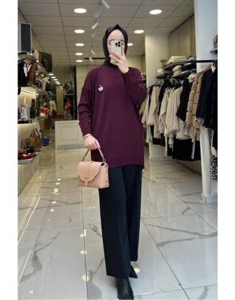 Tığ Triko Mürdüm Dikiş Detaylı Tunik