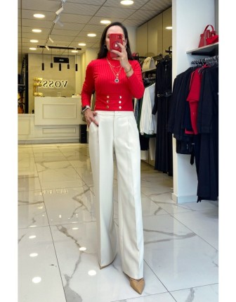 On Fashıon Krem Cep Detaylı Pileli Plazzo Pantolon