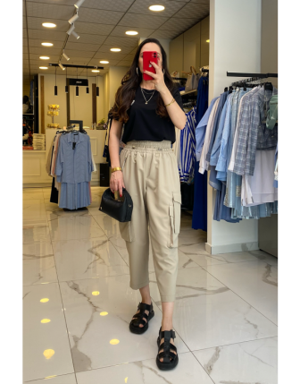 Mi Taş Zincir Detaylı Beli Lastikli Cepli Pantolon