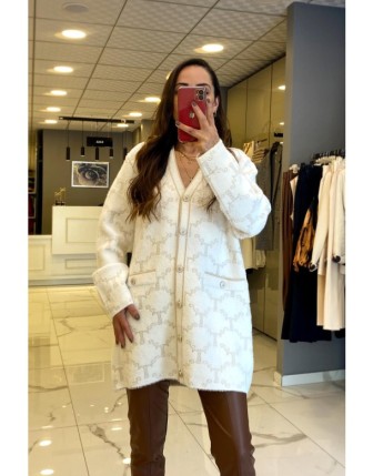 Tığ Triko Ekru Logo Desenli Mink Kaban