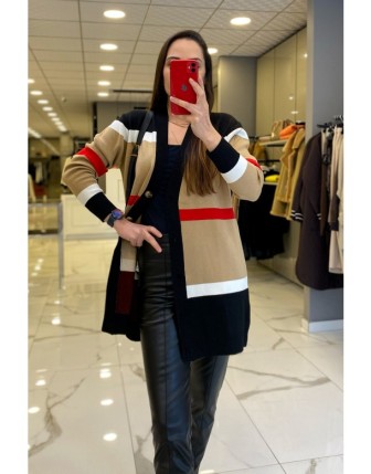 Tığ Triko Camel Çizgi Detaylı Hırka