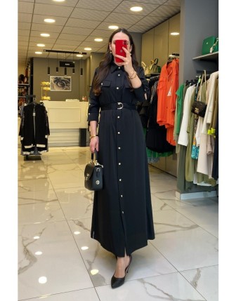 Mascara Siyah Gold Düğme Detaylı Astarlı Kuşaklı Uzun Kollu Elbise