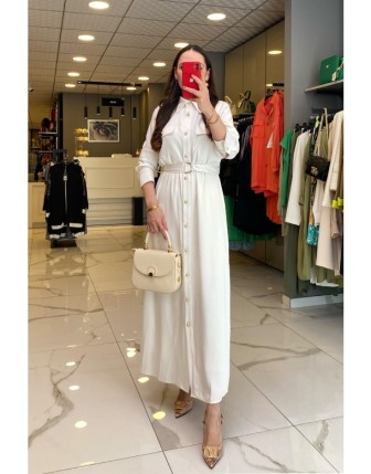 Mascara Ekru Gold Düğme Detaylı Astarlı Kuşaklı Uzun Kollu Elbise