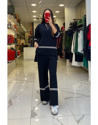 On Fashıon Siyah Dik Yaka Çizgi Detaylı Beli Lastikli Triko Takım