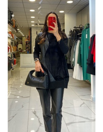 Tığ Triko Siyah Deri Detaylı Triko Tunik