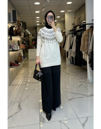 Tığ Triko Ekru Taşlı Triko Tunilk