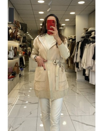 Tığ Triko Bej Saç Örgü Detaylı Kuşaklı Hırka