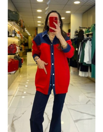 Tığ Triko Kırmızı Çelik Örgü Cep Detaylı Yakası Taşlı Kot Ceket