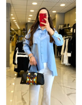 On Fashıon Mavi Düğmeli Ters Cep Detaylı Gömlek