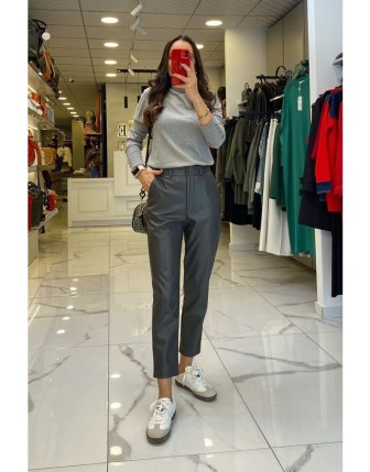 On Fashıon Gri Kemer Detaylı Dar Paça Deri Pantolon