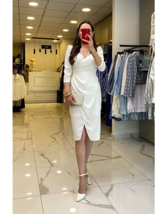 Mi Ekru Drape Detaylı Kruvaze Yaka Elbise