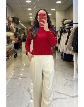 Vosse Kırmızı Dik Yaka Fitilli Kazak 