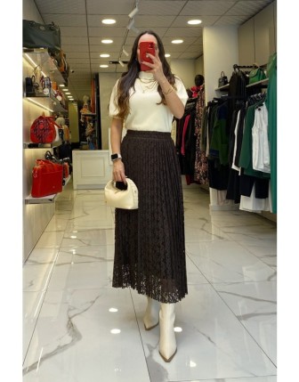 Ekol Kahve Küpürlü Astarlı Beli Lastikli Etek