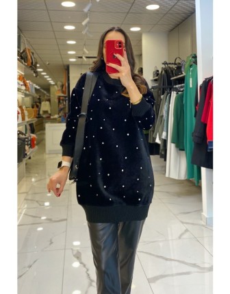 Tığ Triko Siyah Taş İşlemeli Tunik