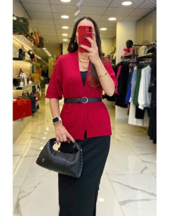 On Fashıon Kırmızı File Desenli Sırtı Yıldız Detaylı Cepli Hırka