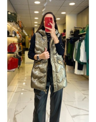 Ekol Haki Parlak Kapüşonlu Cepli Fermuarlı Şişme Yelek