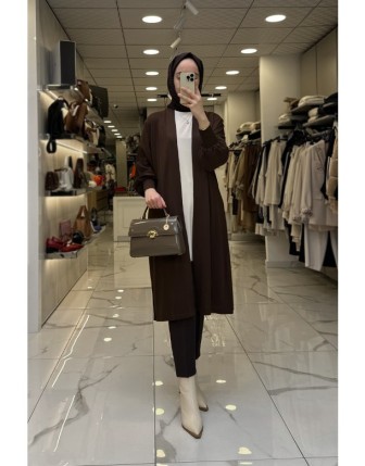 Tığ Triko Kahverengi Balon Kol Hırka