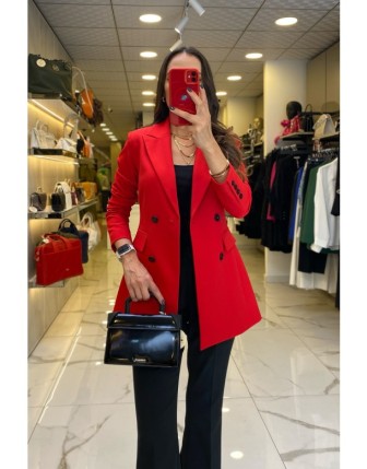 Ekol Kırmızı Siyah  Düğmeli Cep Detaylı Blazer Ceket