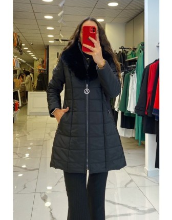 Trenç Siyah Yakası Kürklü Şişme Kaban