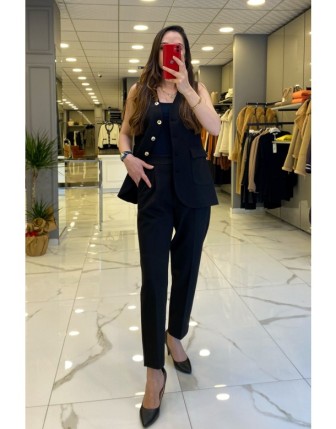 On Fashıon Siyah Boru Paça Gold Düğme Detaylı Pantolon