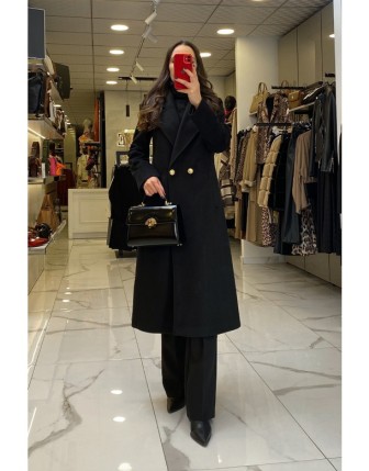 Ekol Siyah Gold Düğmeli Kaşe Kaban