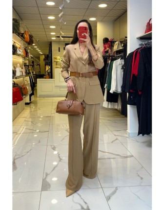 Miarte Kahverengi Kemer Detaylı Cepli  Blazer Ceketli Takım