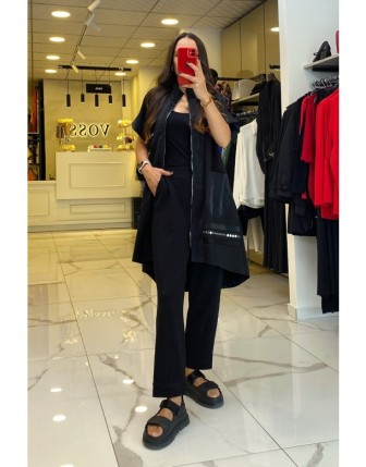 Mascara Siyah Zımba Detaylı Fermuarlı Cepli Yelekli  PantolonluTakım