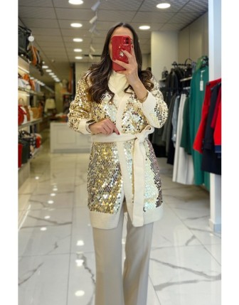 Tığ Triko Ekru Payetli Triko Hırka