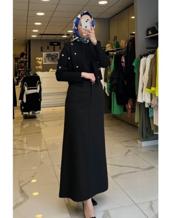 Ekol Siyah Tek Düğmeli Tam boy Etek