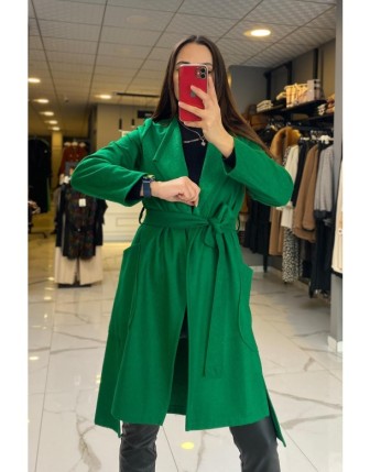 Miaruj Yeşil Geniş Yaka Cep Detaylı Kuşaklı Keçe Ceket 