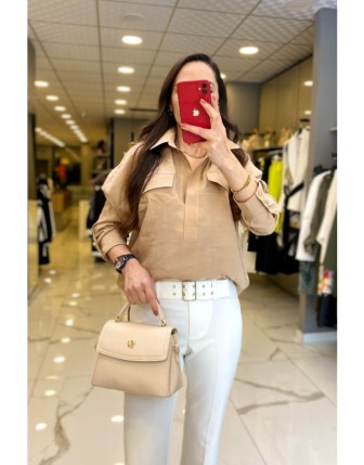 On Fashıon Bej   V Yaka Cep Detaylı Gömlek