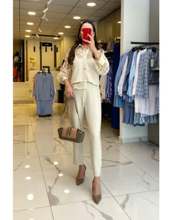 Miarte Bej Kolları Ve Yakası Küpürlü Düğmeli Takım