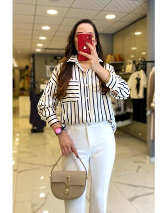 Ekol Ekru Çizgili Düğme Ve Cep Detaylı Gömlek