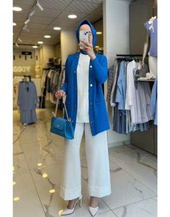 On Fashıon Mavi Düğme Detaylı Cepli Hırka