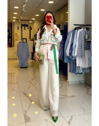 Miarte Ekru Renkli Kuşaklı Düğmeli,Cep Detaylı Takım