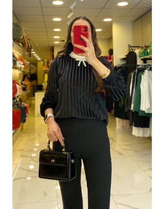 On Fashıon Siyah Yakma Kadife Yakası Kurdela Detaylı Bluz