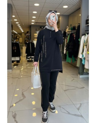 On Fashıon Siyah  Taş İşlemeli Yakası Fermuarlı Eşofman Takım