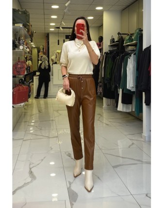 On Fashıon Taba Belli Lastikli Yırtmaç Detaylı Deri Pantolon