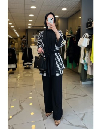 Miaruj Siyah Sırtı Desenli Kuşaklı Üçlü Kimono Takım